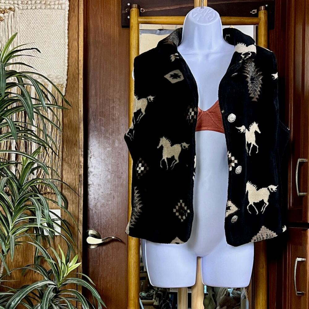 Vintage Black Diamond Fleece Vest Women M Horse Print Western Southwestern Aztec